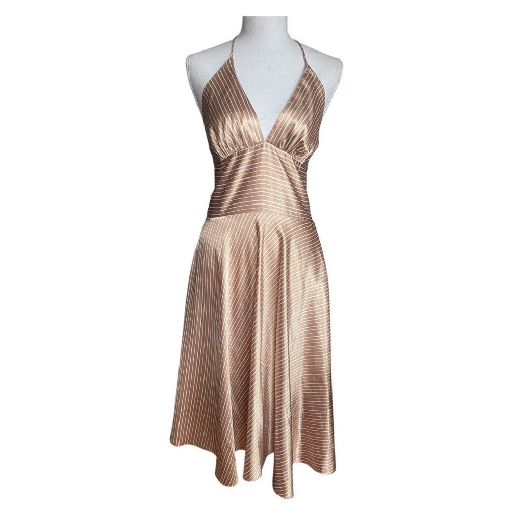 Vintage Alyn Paige Satin Stripe Halter Midi‎ Dress Retro Y2k Coquette Sz M